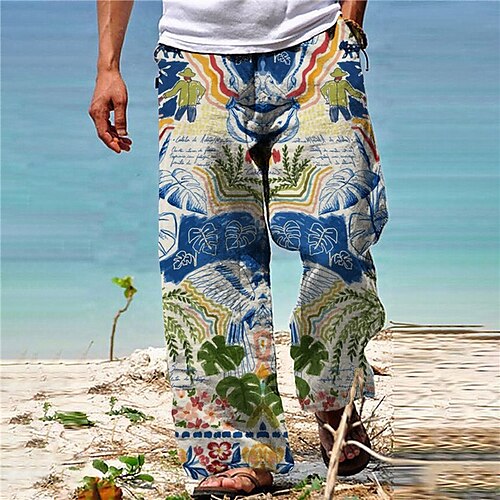 

Men's Trousers Beach Pants Pocket Drawstring Elastic Waist Plants Graphic Prints Comfort Breathable Casual Daily Holiday Streetwear Designer Blue / Elasticity