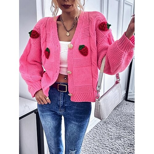 

Women's Cardigan Sweater Jumper Crochet Knit Hollow Out Fruit Open Front Stylish Casual Daily Weekend Winter Fall Red S M L / Cotton / Long Sleeve / Cotton / Loose Fit
