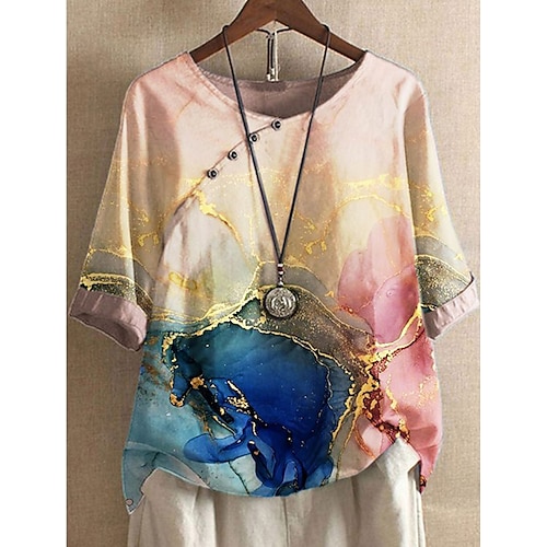 

Women's Blouse Shirt Green Blue Pink Graphic Abstract Button Print Long Sleeve Holiday Weekend Streetwear Casual Round Neck Regular Floral S / 3D Print