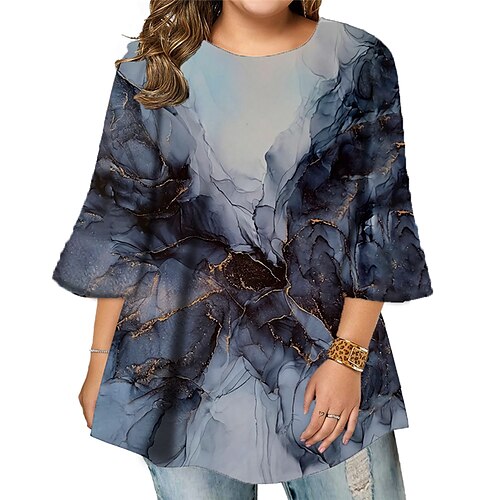 

Women's Plus Size Tops Blouse Shirt Color Gradient Print 3/4 Length Sleeve Crewneck Casual Daily Holiday Cotton Spandex Jersey Fall Winter Blue Gray