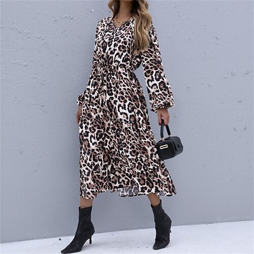 

Damen blusenkleid Midikleid Kaki Langarm Leopard Bedruckt Winter Herbst V Ausschnitt Modisch 2022 S M L XL