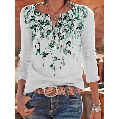 

Women's T shirt Tee Green Blue Purple Floral Print Long Sleeve Holiday Weekend Basic V Neck Regular Floral Painting S / 3D Print