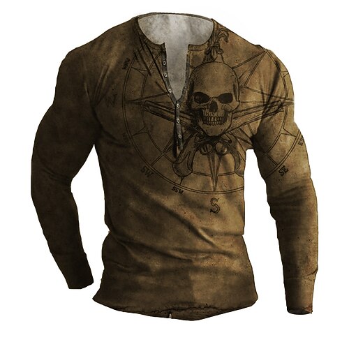 

Men's T shirt Tee Henley Shirt Tee Graphic Skull Henley Brown 3D Print Plus Size Outdoor Daily Long Sleeve Button-Down Print Clothing Apparel Basic Designer Classic Comfortable / Sports