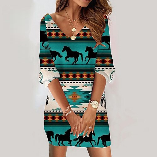 

Women's Casual Dress Bodycon Short Mini Dress Blue 3/4 Length Sleeve Geometric Animal Print Fall Winter V Neck Casual Vacation Vintage 2022 S M L XL XXL 3XL