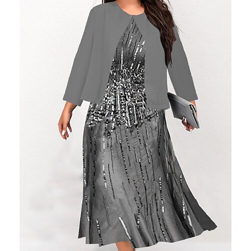 

Women's Plus Size Work Dress Print Crew Neck 3/4 Length Sleeve Winter Fall Fashion Elegant Midi Dress Formal Party Dress