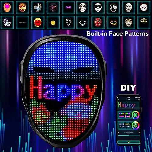 

Christmas LED Mask with Bluetooth Programmable Face Transforming Halloween Props Light Up Mask with Voice Activated Feature for Christmas Halloween Costume Masquerade Birthday Party Fits Adults Kids