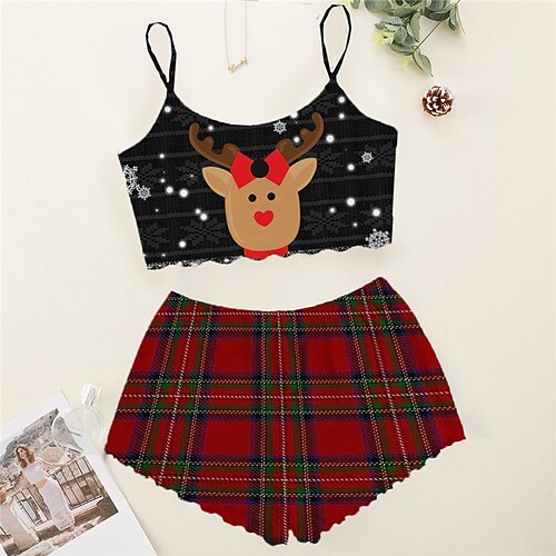 

Women's ChristmasPjs Plus Size Pajamas Sets 2 Pieces Elk Grid / Plaid Comfort Funny Soft Home Bed Breathable Gift Straps Sleeveless Strap Top Shorts Elastic Waist Spring Summer Black