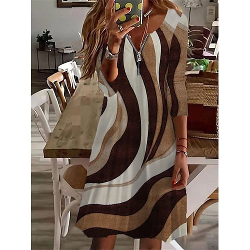 

Women's Casual Dress Shift Dress Midi Dress Black Yellow Khaki Long Sleeve Striped Zipper Winter Fall Autumn V Neck Winter Dress Fall Dress 2022 S M L XL 2XL 3XL 4XL 5XL 6XL