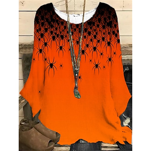 

Women's Plus Size Tops Blouse Shirt Spider Print Long Sleeve Crewneck Casual Halloween Halloween Vacation Polyester Fall Winter Orange