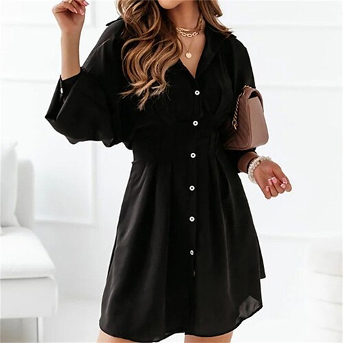 

camisa feminina vestido preto branco manga longa cor pura ruched inverno outono outono gola da camisa clássico vestido de inverno vestido outono solto ajuste 2023 s m l xl 2xl 3xl