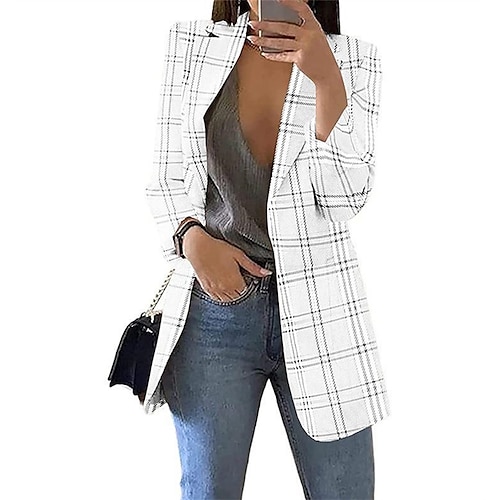 

Women's Blazer Windproof Warm Outdoor Street Daily Vacation Print Open Front Turndown Casual Street Style Stripes and Plaid Regular Fit Outerwear Long Sleeve Winter Fall Black Pink Khaki S M L XL XXL