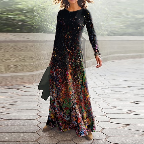 

Women's Casual Dress A Line Dress Maxi long Dress Blue Yellow Red Long Sleeve Color Gradient Pocket Print Fall Winter V Neck Vacation Casual 2022 S M L XL XXL 3XL