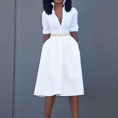 

Women's White Dress Midi Dress White Long Sleeve Pure Color Ruched Winter Fall Autumn Shirt Collar Fashion Winter Dress Fall Dress 2022 S M L XL