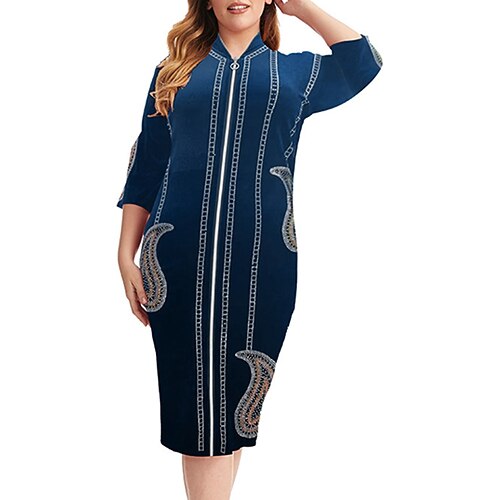 

Women's Plus Size Work Dress Color Block V Neck Long Sleeve Fall Winter Stylish Work Midi Dress Vacation Going out Dress