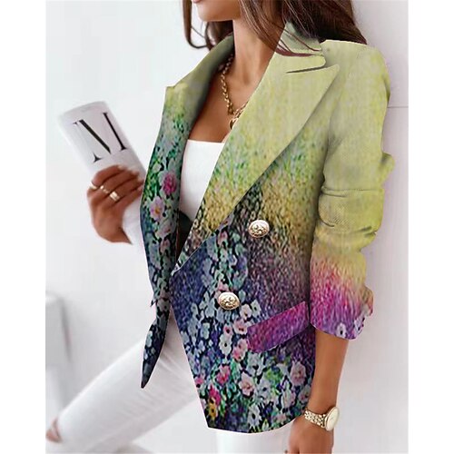 

Women's Blazer Breathable Formal Office Work with Pockets Print Double Breasted Turndown Elegant Formal Modern Office / career Flower Regular Fit Outerwear Long Sleeve Winter Fall Blue Purple Yellow