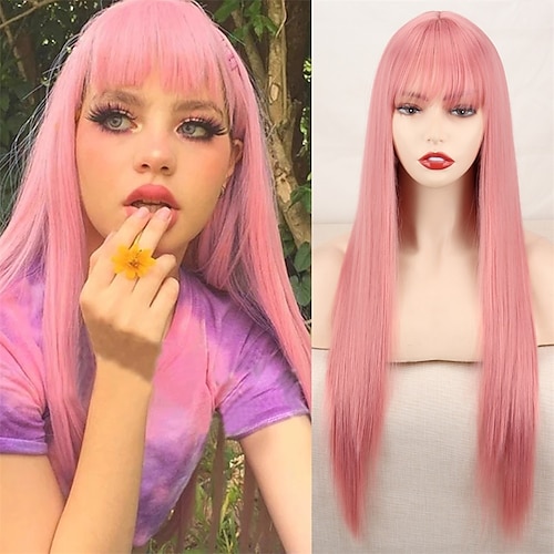 

syntetisk paryk pink paryk blond paryk langt lige hår med pandehår naturlige parykker til kvinder hår cosplay paryk