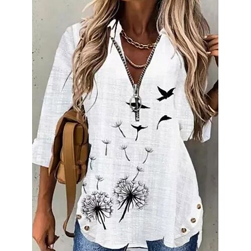 

Women's Blouse Shirt White Dandelion Quarter Zip Print Long Sleeve Holiday Weekend Streetwear Casual V Neck Regular Floral S / 3D Print