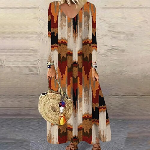 

Women's A Line Dress Maxi long Dress Black Khaki Red Brown Long Sleeve Geometric Tie Dye Print Fall Winter V Neck Casual 2022 S M L XL XXL 3XL 4XL 5XL 6XL