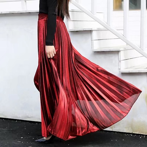 

Women's Skirt Swing Long Skirt Maxi Polyester Silver Black Red Blue Skirts Pleated Without Lining Streetwear Summer Holiday Weekend S M L