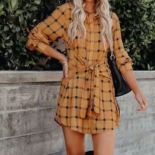 

Women's Casual Dress Shirt Dress Shift Dress Yellow Long Sleeve Plaid Lace up Winter Fall Autumn Shirt Collar Winter Dress Weekend Fall Dress Loose Fit 2022 S M L XL