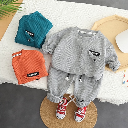 

2 Pieces Kids Boys Hoodie Pants Clothing Set Outfit Solid Color Long Sleeve Cotton Set Street Cool Street Style Winter Fall 2-6 Years Green Orange Gray