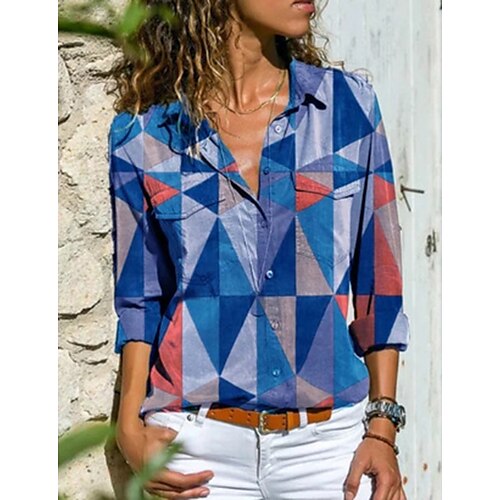 

Women's Blouse Shirt Green Blue Gray Geometric Button Print Long Sleeve Daily Weekend Streetwear Casual Shirt Collar Regular Geometric S / 3D Print