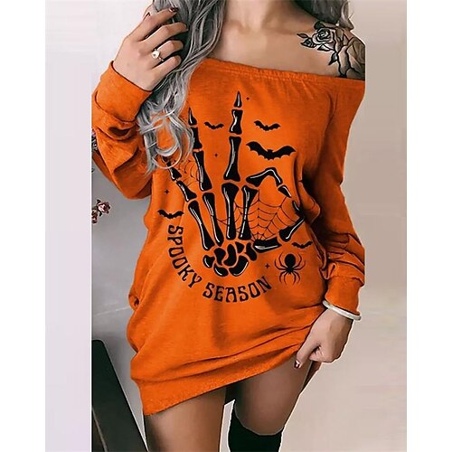 

Mujer Vestido informal Vestido sudadera Vestido estilo camiseta Naranja Manga Larga Letra Estampado Invierno Otoño Hombros Caídos Vestido de invierno vestido de otoño 2022 S M L XL