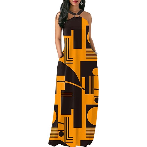 

Women's Casual Dress A Line Dress Maxi long Dress Yellow Sleeveless Color Block Backless Cold Shoulder Summer Fall V Neck Fashion Stylish Modern 2022 S M L XL XXL