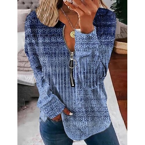

Women's Blouse Shirt Blue Gold Red Graphic Quarter Zip Print Long Sleeve Casual Weekend Streetwear V Neck Regular S / 3D Print