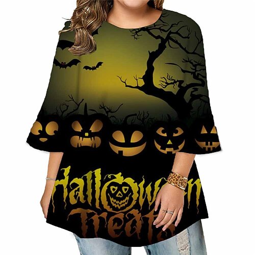 

Women's Plus Size Tops Blouse Shirt Letter Pumpkin Print 3/4 Length Sleeve Crewneck Vintage Streetwear Festival Halloween Halloween Holiday Cotton Spandex Jersey Fall Winter Green khaki