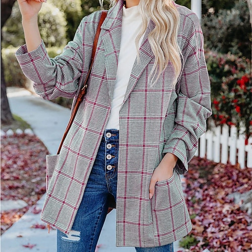 

Women's Blazer Warm Breathable Outdoor Work Going out Pocket Cardigan Turndown Active Professional Street Style Plaid Regular Fit Outerwear Long Sleeve Winter Fall Green Blue Khaki S M L XL