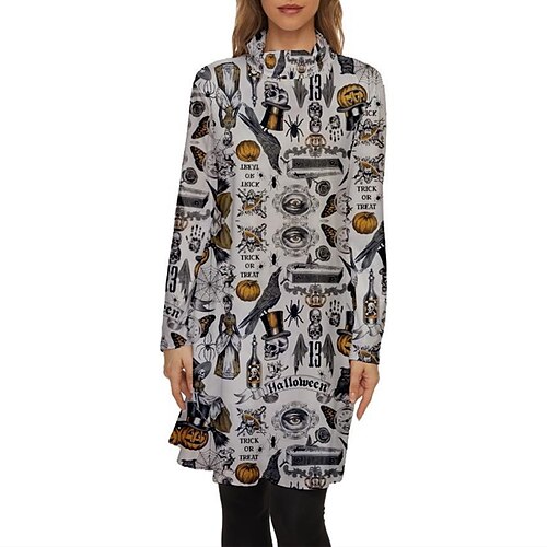 

Women's Shift Dress Knee Length Dress Knee Length Dress Beige Long Sleeve Skull Letter Pumpkin Print Fall Winter Turtleneck Stylish Casual Halloween 2022 2XS XS S M L XL 2XL 3XL 4XL / Cotton
