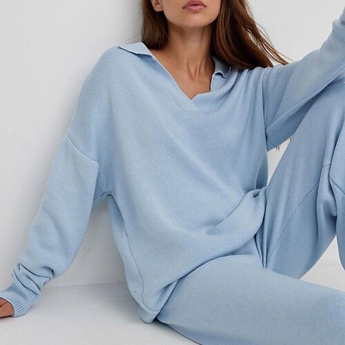 

Women's Loungewear Sets Winter Nighty 2 Pieces Pure Color Fashion Comfort Soft Home Daily Going out Acrylic Warm Lapel Long Sleeve Sweater Pant Winter Fall Blue Khaki