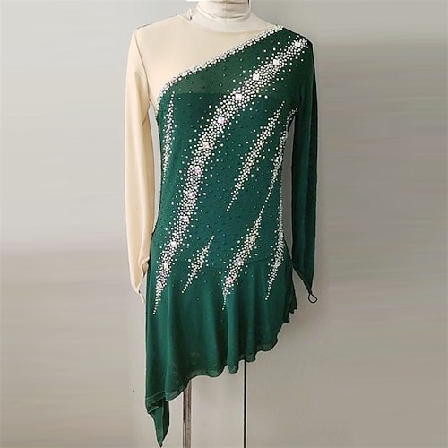 

Figure Skating Dress Women's Girls' Ice Skating Dress Green Thumbhole Spandex High Elasticity Training Competition Skating Wear Handmade Crystal / Rhinestone Long Sleeve Ice Skating Figure Skating