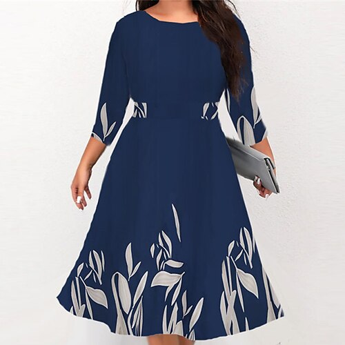 

Women's Plus Size Work Dress Floral Round Neck Print 3/4 Length Sleeve Fall Winter Stylish Work Midi Dress Vacation Going out Dress