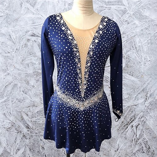 

Figure Skating Dress Women's Girls' Ice Skating Dress Blue Thumbhole Spandex High Elasticity Training Competition Skating Wear Handmade Crystal / Rhinestone Long Sleeve Ice Skating Figure Skating