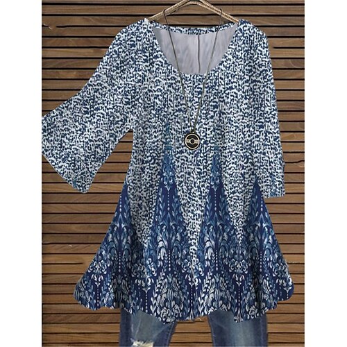 

Women's Plus Size Tops Blouse Shirt Floral Print 3/4 Length Sleeve Crewneck Casual Daily Holiday Cotton Spandex Jersey Fall Winter Blue