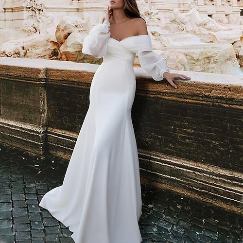 

Mermaid / Trumpet Wedding Dresses Off Shoulder Sweep / Brush Train Tulle Sleeveless Simple Casual Sexy Backless Party with Ruched 2022