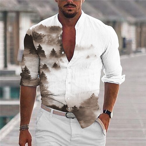 

Men's Shirt Tree Scenery Stand Collar Brown Long Sleeve 3D Print Outdoor Casual Button-Down Print Tops Fashion Designer Casual Comfortable / Sports