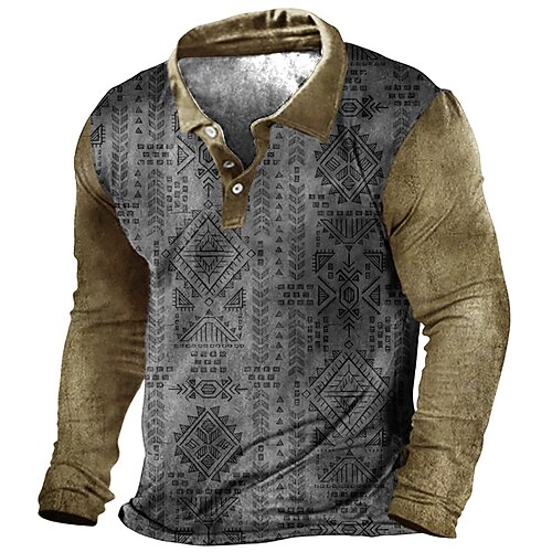 

Men's Collar Polo Shirt Golf Shirt Geometry Turndown Green Yellow Dusty Rose 3D Print Street Casual Long Sleeve Button-Down Print Clothing Apparel Vintage Designer Ethnic Style Casual
