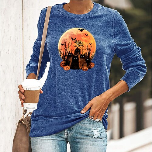 

Women's Basic Print Animal Halloween Basic Animals Round Neck Regular Spring & Fall Blue Yellow Dark Green Dark Blue Black