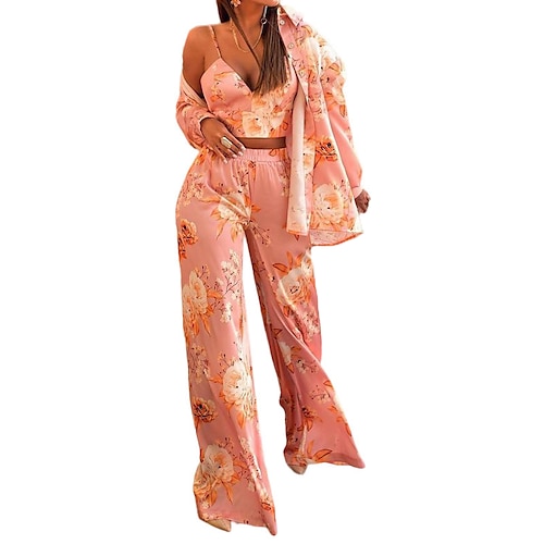 

Women's Loungewear Sets 2 Pieces Flower Comfort Home Daily Vacation Satin Breathable Gift Lapel Long Sleeve Shirt Pant Elastic Waist Winter Fall Pink / Silk