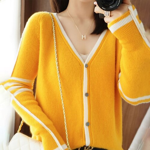 

Women's Cardigan Sweater Jumper Ribbed Knit Knitted Color Block V Neck Casual Soft Daily Holiday Winter Fall Green Purple One-Size / Long Sleeve / Regular Fit / Going out
