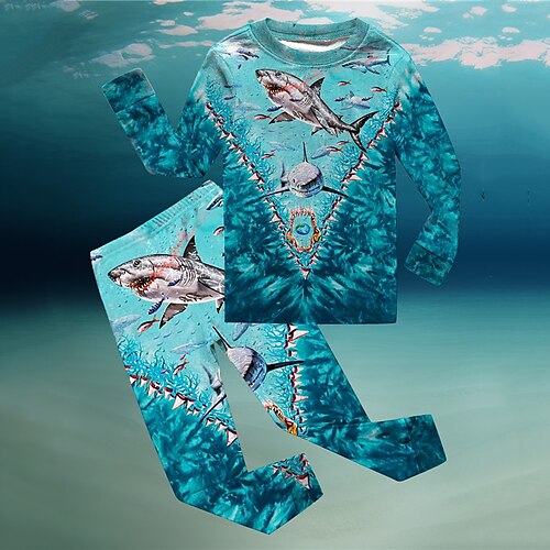 

2 Pieces Kids Boys T-shirt & Pants T-shirtSet Clothing Set Outfit Animal Shark Long Sleeve Print Set Street Sports Cool Winter Fall 3-12 Years Blue