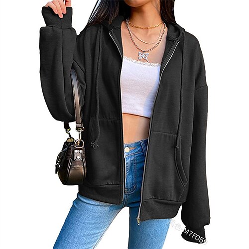 

Women's Windproof Warm Street Sport Athleisure Daily Zipper Pocket Zipper Hoodie Street Style Preppy Style Solid Color Regular Fit Outerwear Long Sleeve Winter Fall Green Black Blue S M L XL XXL