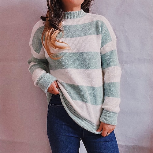 

Women's Pullover Sweater jumper Jumper Ribbed Knit Knitted Striped Crew Neck Stylish Casual Outdoor Home Winter Fall Blue Light Green S M L / Long Sleeve / Holiday / Regular Fit