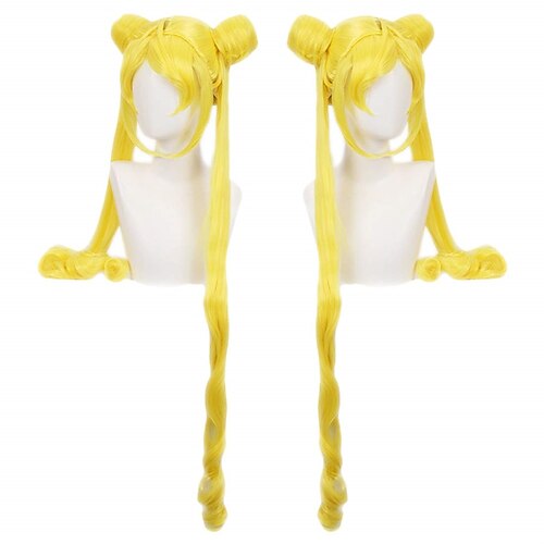 

Yellow Wig with Buns Wig Cap Synthetic Long Natural Wavy Wigs for Anime Cosplay Women Peluca Amarilla Lolita Ponytail Wig for Halloween Hair Kawaii Princess Wig for Girls Costume