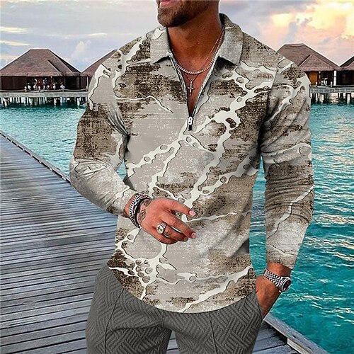 

Men's Collar Polo Shirt Golf Shirt Graphic Turndown Gray 3D Print Outdoor Street Long Sleeve Zipper Print Clothing Apparel Fashion Designer Casual Breathable