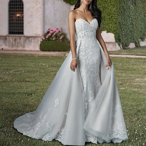 

Two Piece Mermaid / Trumpet Wedding Dresses Strapless Sweep / Brush Train Detachable Lace Tulle Sleeveless Formal Sexy Luxurious Backless with Sequin Appliques 2022