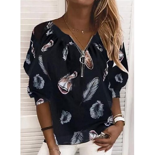 

Women's Blouse Shirt Pink White Black Feather Quarter Zip Print Long Sleeve Daily Weekend Streetwear Ethnic V Neck Regular S / 3D Print